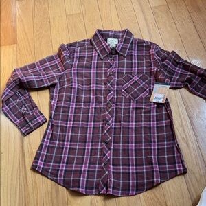 nwt brown and pink women's flannel plaid shirt size medium by blue Mountain
